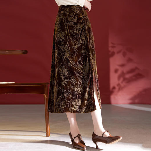 2025秋款高腰裙真丝显瘦新中式桑蚕丝半身裙侧边开叉QS1801 商品图3