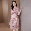 丁摩 真丝连衣裙系带短袖印花修身中长款A字裙子23011 商品缩略图1