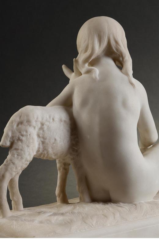 独角鹿西洋古董法国雕塑家Albert Patrisse签名创作卡拉拉大理石雕塑作品《孩童与羔羊》 商品图5