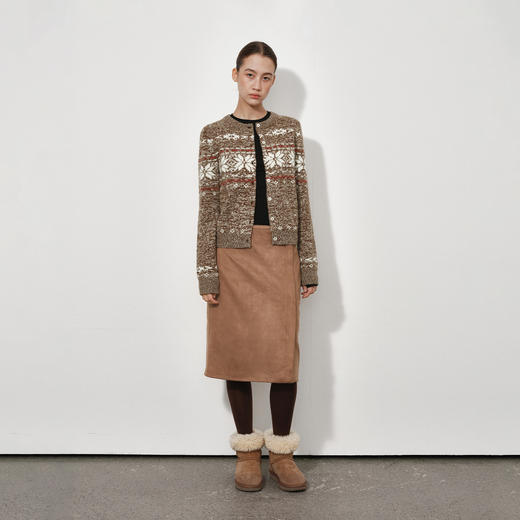 NUTH 美利奴羊毛费尔岛提花修身短款针织开衫女 棕咖色 商品图5