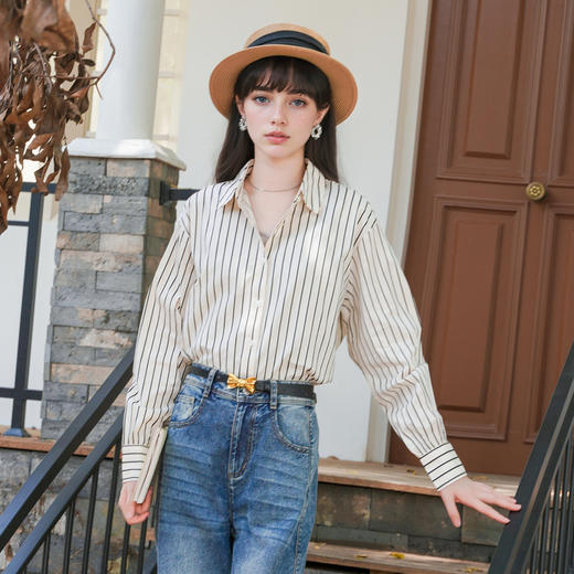 谜底竖条纹衬衫长袖女2025秋新款通勤复古纯棉修身衬衣257MC7856 商品图2