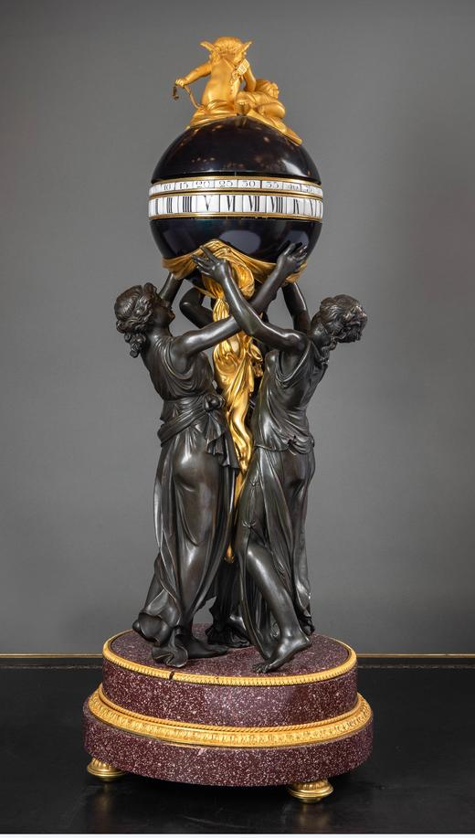 独角鹿西洋古董法国出品斑岩底座嵌天使孩童造型铜鎏金精雕装饰美惠三女神主题人物铜雕球形转动式座钟 商品图2