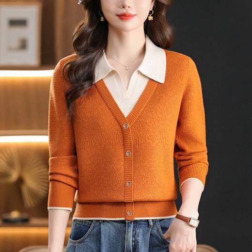 翻领宽松显瘦长袖，内搭假两件针织衫CC-103-97871 商品图1