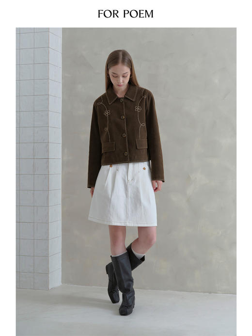 ForPoem 现货 25/FW原创设计花朵线条刺绣简约休闲环保麂皮短款外套 商品图2