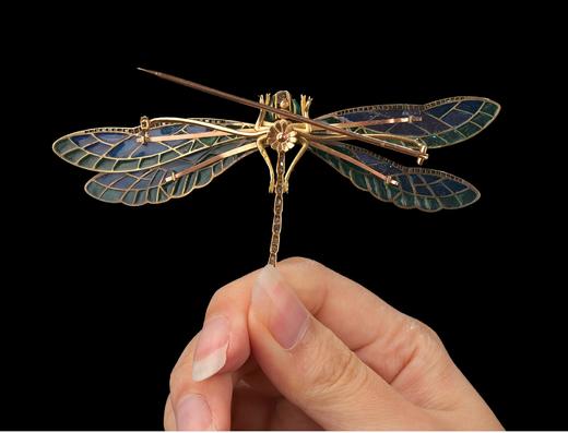 独角鹿西洋古董法国珠宝巧匠Gaston Lafitte出品新艺术风格蜻蜓造型18K黄金铂金镶嵌钻石空窗珐琅En Tremblant颤动式胸针 商品图3