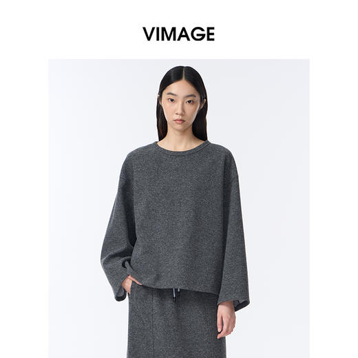 VIMAGE纬漫纪灰色运动休闲设计感卫衣上衣V2413112 商品图2
