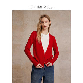 C+IMPRESS/西嘉羊毛假两件针织衫开衫女秋季新款复古长袖针织上衣