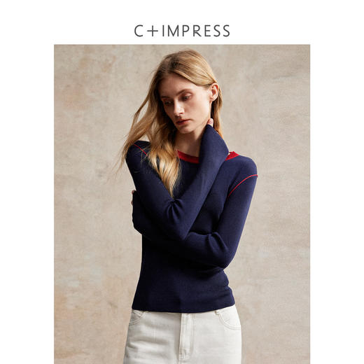 C+IMPRESS/西嘉天丝羊毛 撞色圆领复古显瘦针织衫女秋季新款上衣 商品图1