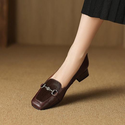 【预售5天】方头粗跟马毛复古浅口单鞋女新款通勤一脚蹬时尚小皮鞋WXJFG&W340 商品图2