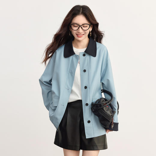 【09/10新品】熙世界风衣外套女小个子2025秋季新款工装风中长款撞色翻领上衣 商品图1