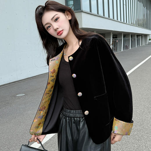 QYM 5955-Y新中式国风拼结丝绒外套宽松休闲外套 商品图1