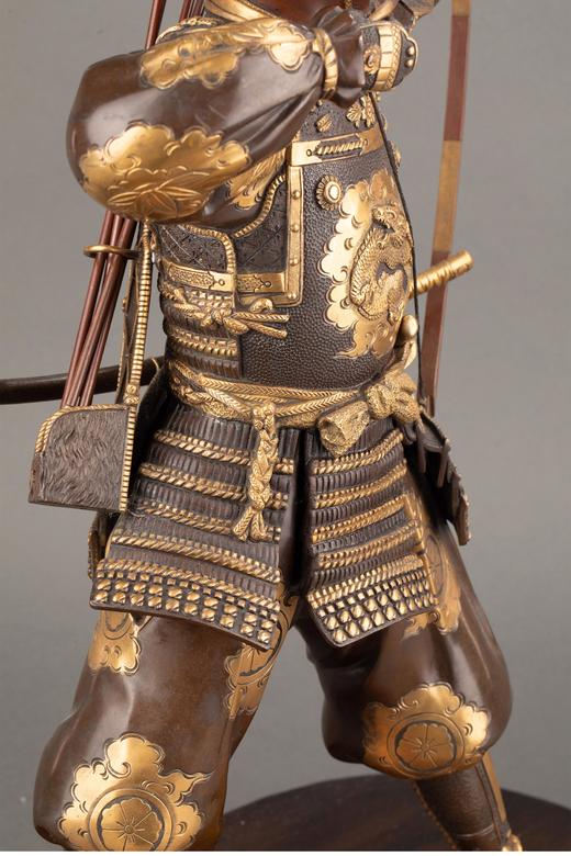 独角鹿西洋古董日本古董硬木底座装饰铜鎏金赤铜精雕弯弓武士造型人物雕塑古董摆件一对 商品图6