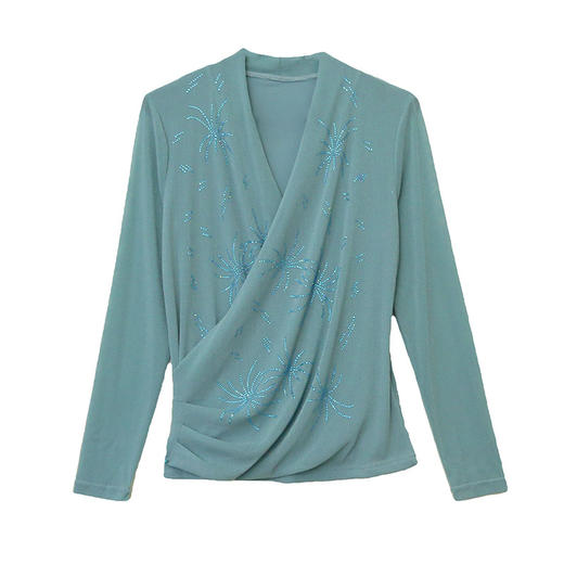 KQL311H9120 2025年秋季新款V领烫钻修身长袖洋气T恤百搭纯欲风抗起球显瘦小衫 商品图4