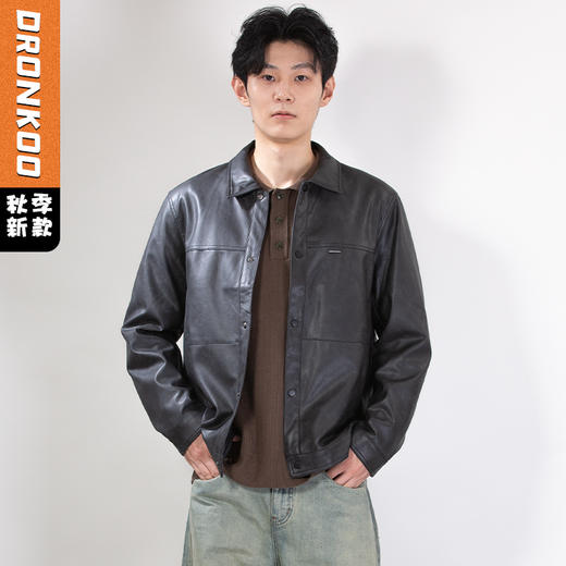 DRONKOO 2025 翻领左胸金属标仿真皮修身中厚皮衣 商品图0
