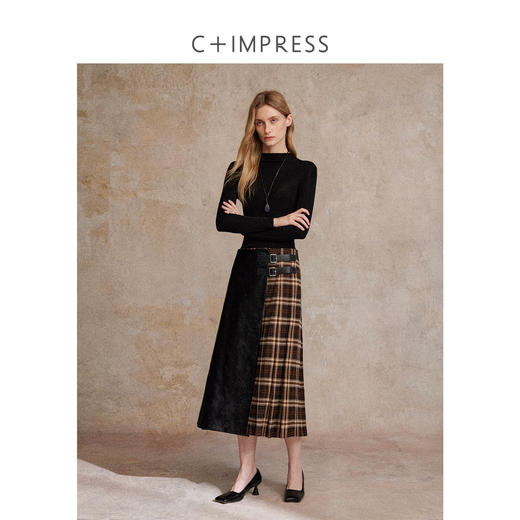 C+IMPRESS/西嘉复古格纹拼接PU皮半身裙女秋小众设计感高腰中长裙 商品图3