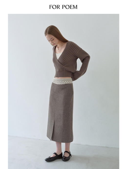 ForPoem 现货 25/FW原创设计蕾丝花边装饰半裙棕咖色羊毛直筒半身裙女 商品图2