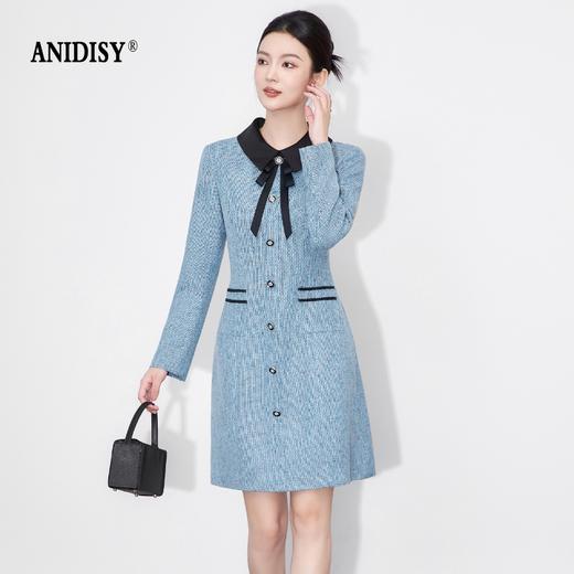 小香风撞色拼接翻领蝴蝶结长袖收腰连衣裙 商品图1