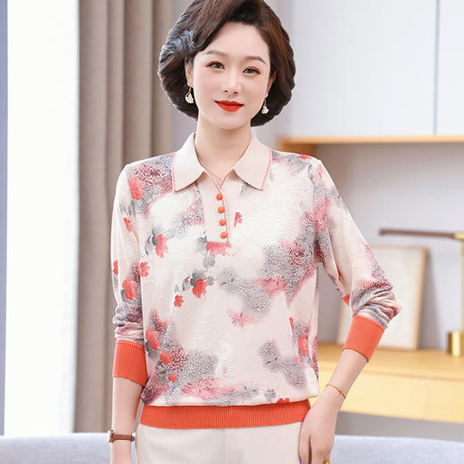 W050-8171-63-108妈妈春秋翻领针织长袖花色T恤衫中老年女装春季新款打底薄款上衣 商品图0
