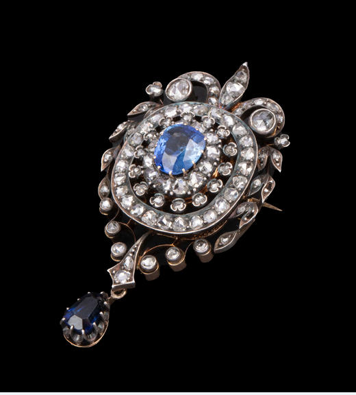 独角鹿西洋古董欧洲出品花叶吊坠造型黄金底纯银镶嵌钻石及蓝宝石胸针 商品图2