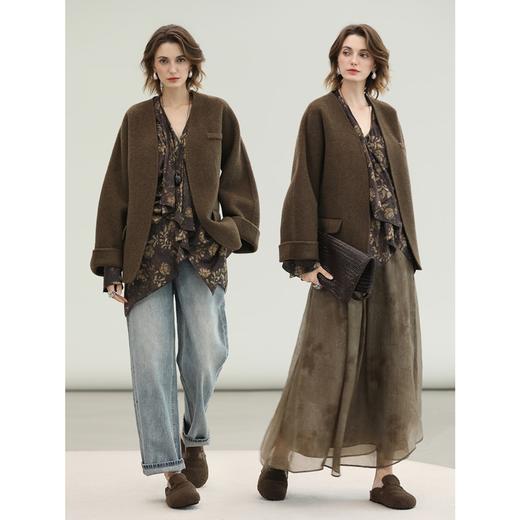 COCOBELLA早秋侘寂风荡领衬衫女不对称荷叶边长款衬衣SR3217 商品图2