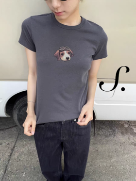 shyshystill/shy202504039/“飞行员小狗”棉质亲肤柔软弹力印花短袖