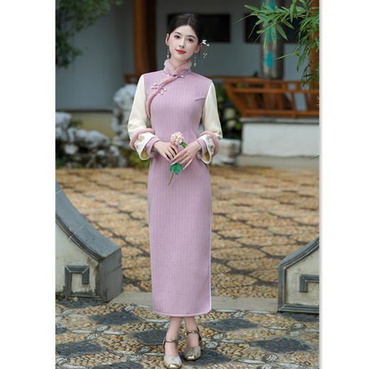 SKY 901473时尚拼接长袖雪尼尔复古改良新中式日常旗袍 商品图0