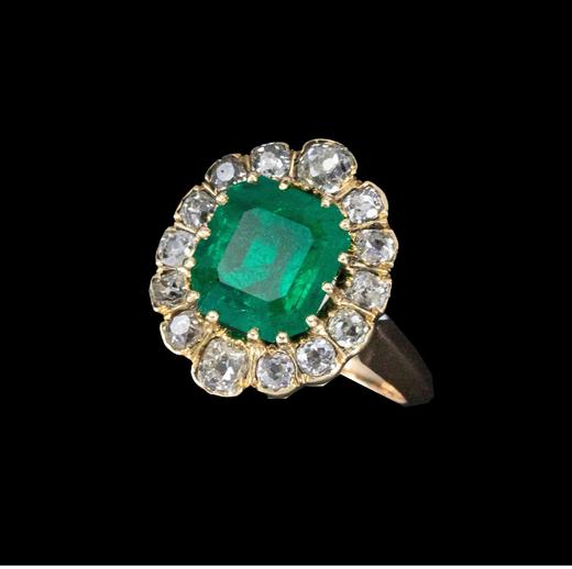 独角鹿西洋古董法国出品玛格丽特款花叶造型18K黄金镶嵌哥伦比亚祖母绿及钻石戒指 商品图3