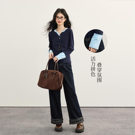 【09/10新品】熙世界长绒棉撞色长袖T恤女2025年秋季新款修身半开领打底衫上衣 商品图2