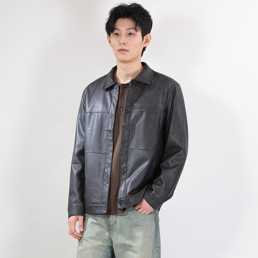 DRONKOO 2025 翻领左胸金属标仿真皮修身中厚皮衣 商品图2