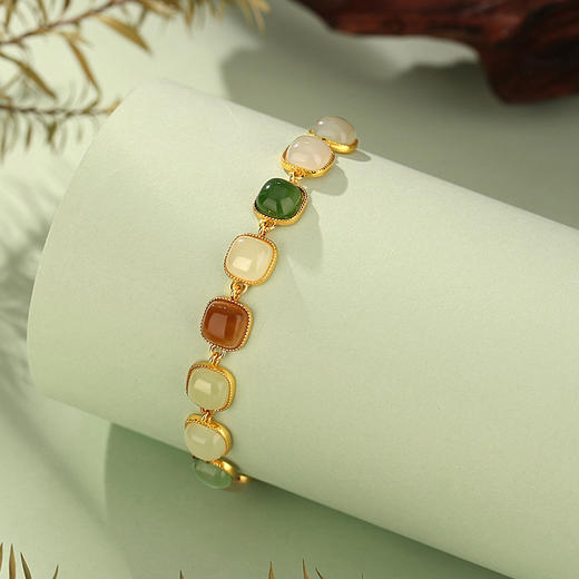 丁摩 和田玉手链女S925纯银新中式高级感小方糖玉石手饰DQ1116S 商品图2