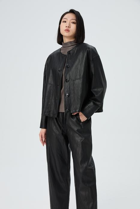 水淼2025秋新品 时尚简约干练水洗皮外套1064 商品图0