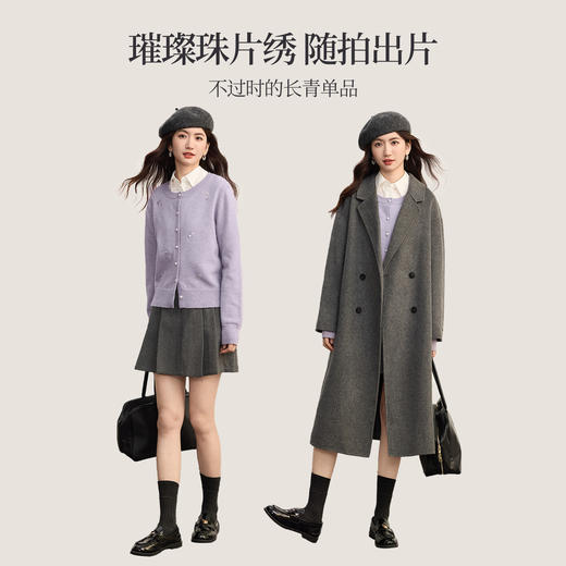 【09/10新品】熙世界珠片绣珍珠扣针织开衫女2025秋冬季新款紫色圆领毛衣短外套 商品图2