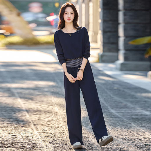 2025秋季新款拼接设计感条纹假两件卫衣阔腿裤两件套LT2675 商品图1