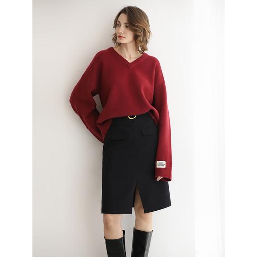 COCOBELLA气质前开叉半身裙女秋高腰A字裙通勤直筒毛呢裙HS1C 商品图1