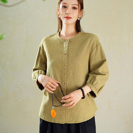 百媚生 苎麻棉女装七分袖女衬衫休闲文艺上衣宽松外搭开衫TDB-23 商品图2