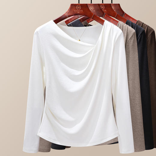 雀说气质长袖打底T恤女新款斜领抽褶设计洋气百搭上衣ALM929 商品图1