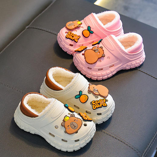 【内垫可抽出！方便清洗晾晒】不怕寒冷，细腻柔软，防滑卡皮巴拉儿童棉拖鞋冬男女童保暖加绒防水亲子中大童宝宝包跟棉鞋。rb 商品图2