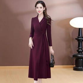 QYM 26809-Y收腰长袖连衣裙气质优雅中长款A字裙