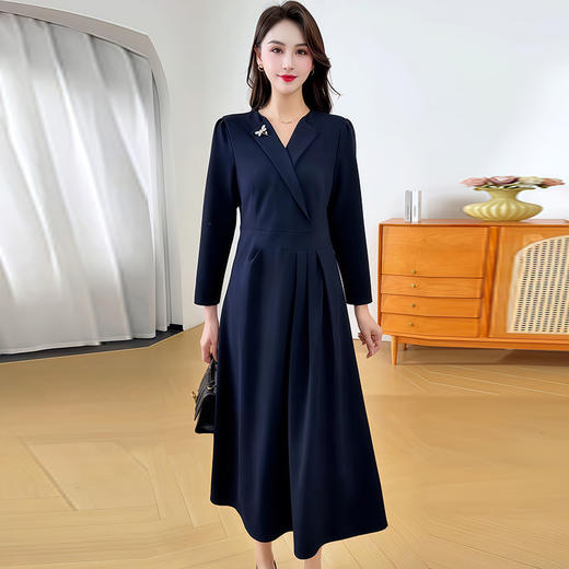 QYM 26802-Y西装领纯色连衣裙气质优雅中长款A字裙 商品图0