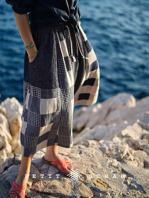 PETIT SCHAN小闪 CLO#903 Gleanings 拾遗 亚麻棉格纹拼接抽绳松紧腰半裙 商品图0