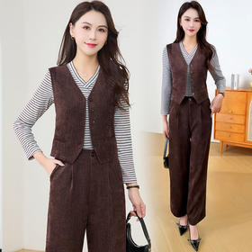 QYM 26803-Y时尚套装马甲+长袖条纹衫+直筒裤三件套