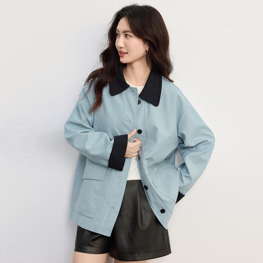 【09/10新品】熙世界风衣外套女小个子2025秋季新款工装风中长款撞色翻领上衣 商品图3