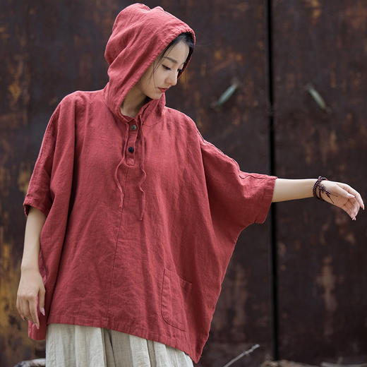 百媚生 苎麻棉砂洗盘扣连帽防晒25春夏棉麻T恤3125 商品图2