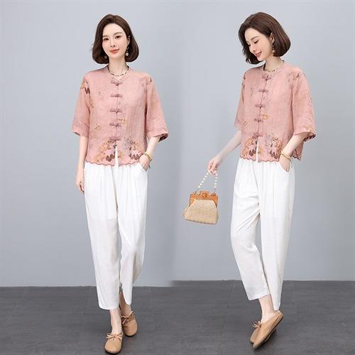 2025春复古国风苎麻印花衬衫夏季新款中式刺绣立领盘扣开两件套NJL2615 商品图2