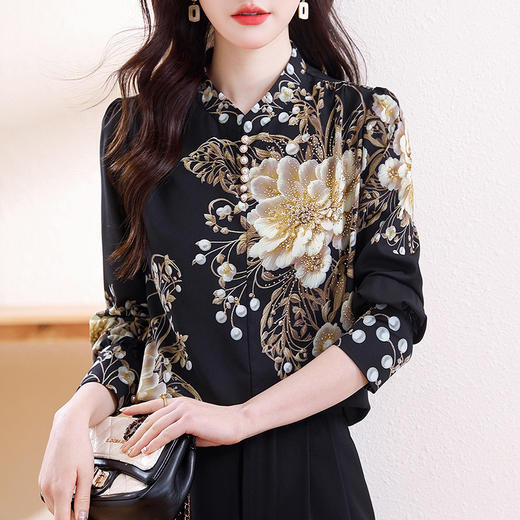 KQL C22N90223印花长袖洋气遮肚子衬衣上衣 商品图3