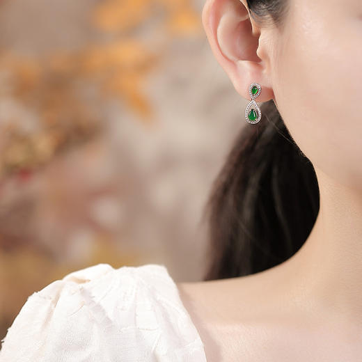 【春雨漫漫】S925纯银双水滴镶嵌银天然翡翠耳钉【CW-23291】 商品图3