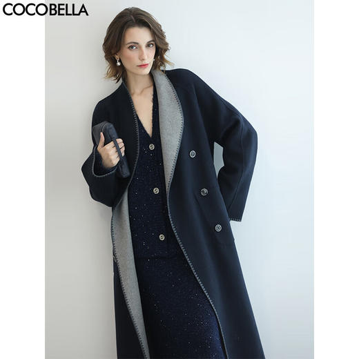 COCOBELLA[两面穿]长款羊毛女士大衣贝壳绣毛呢外套WL7062-2 商品图0