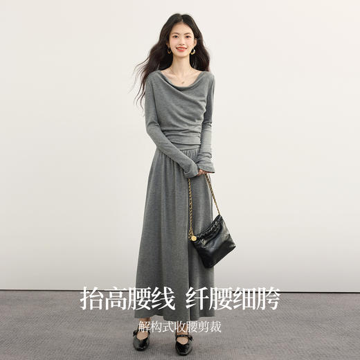 【09/10新品】熙世界灰色针织连衣裙女士设计感气质挂脖荡领长裙子2025秋季新款 商品图2