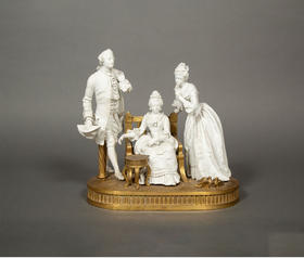 独角鹿西洋古董法国出品铜鎏金精雕底座装饰古典宫廷男女主题素胎瓷人物群雕