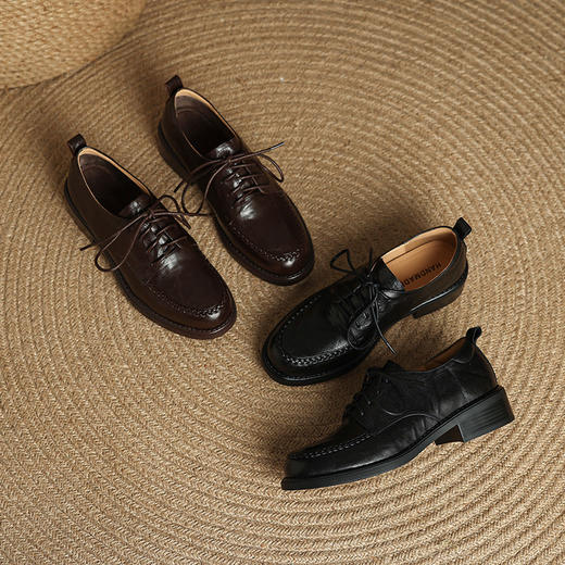 【预售5天】英伦风系带小皮鞋女低跟圆头真皮深口单鞋棕色乐福鞋XH&M9351 商品图2